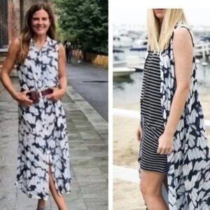 CAbi Cloudy Sky Maxi sz: S Blue Abstract Floral Printed Button Front Long Dress